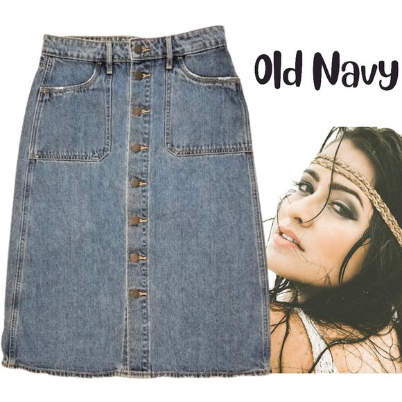 OLD NAVY Aline Midi Button-Down Blue Jean Skirt - Women's 0 - Picture 1 of 6